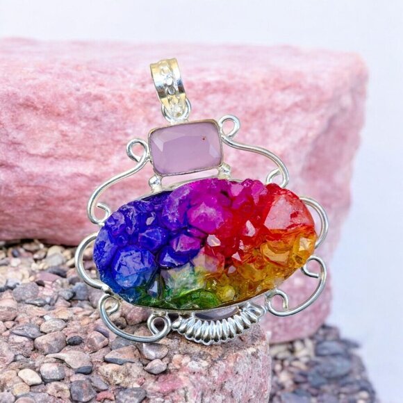 Rainbow Garnet ✦ Rose Quartz Pendant ✦ Sterling Silver Gem Cluster NWT - Picture 1 of 10
